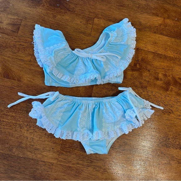 Well Dressed Wolf 2 pc blue white ruffle bikini swimsuit size 24 months